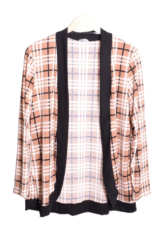 Plaid drape open cardigan with contrast detailing