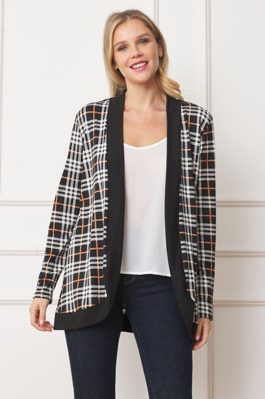 Plaid open cardigan with contrast