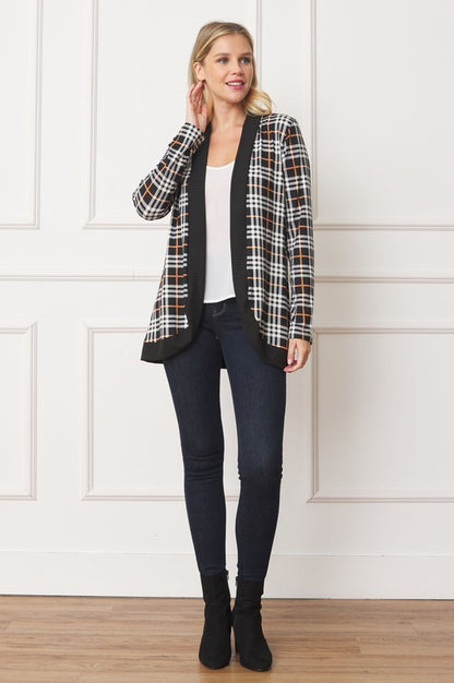 Plaid drape open cardigan with contrast detailing