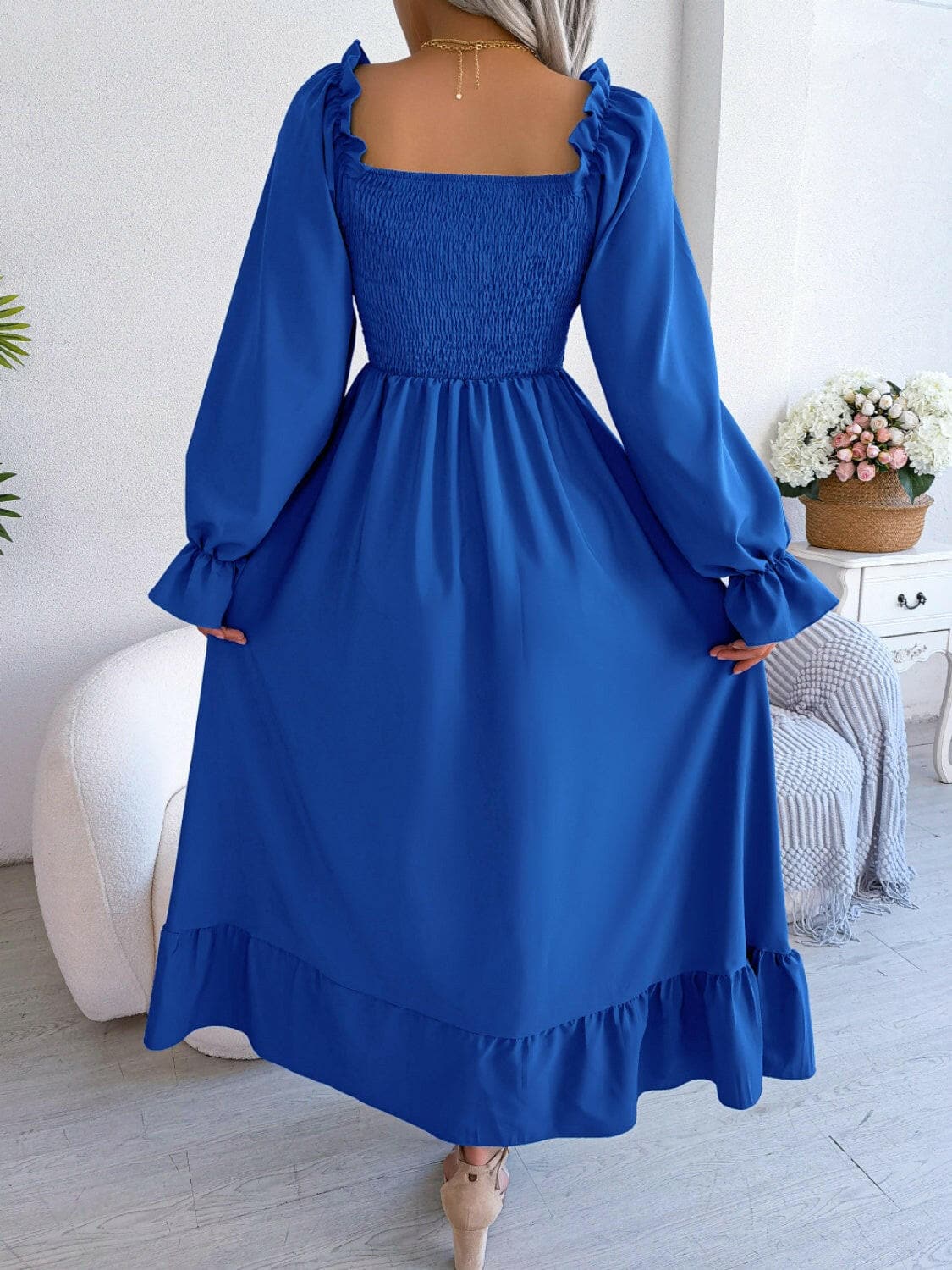 Smocked Square Neck Flounce Sleeve Dress.