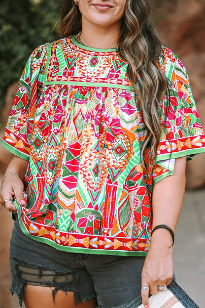 Chic green printed plus size blouse with wide sleeves