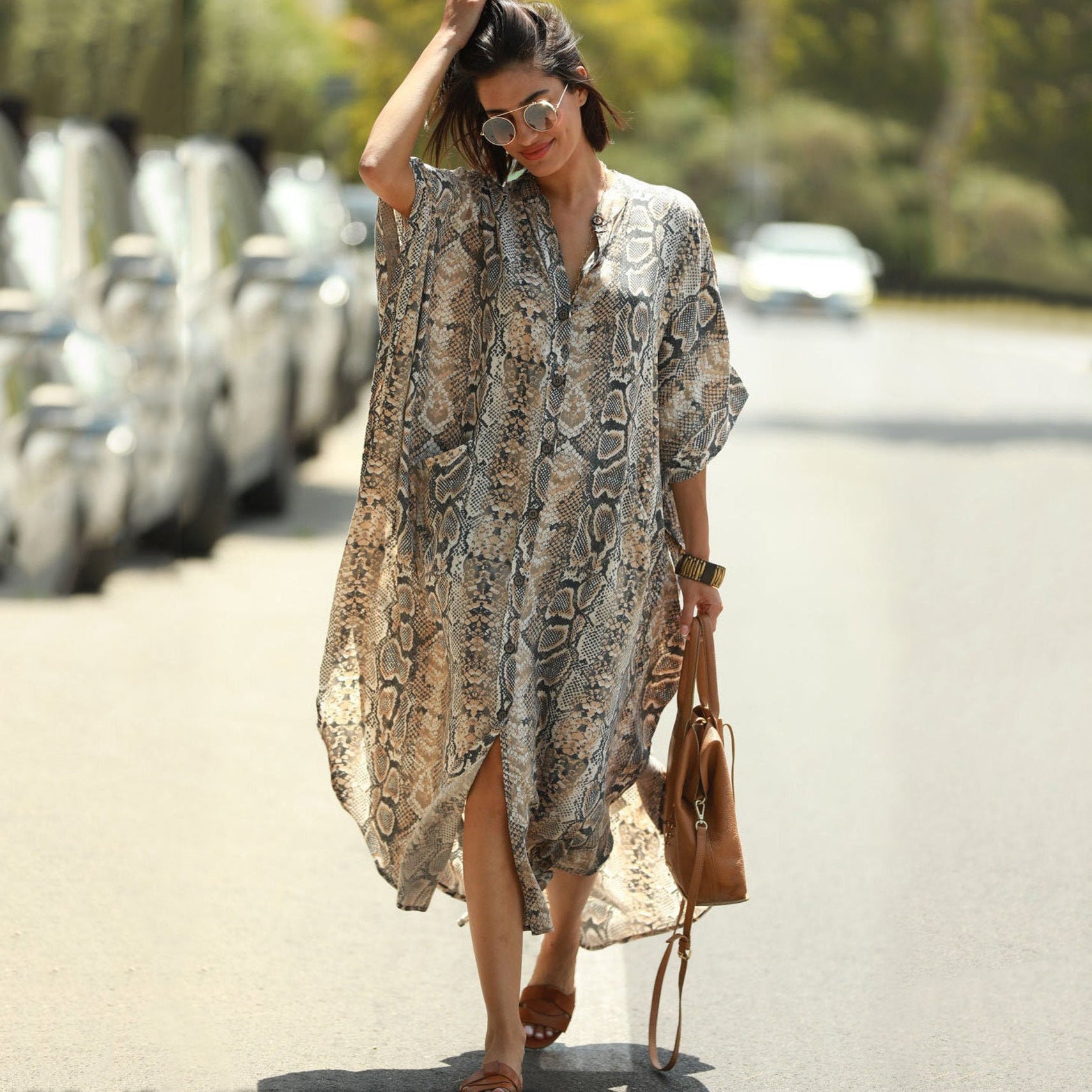 Beach Cover-up Elastic Printing Oversized Button Vacation Robe Bella Mia