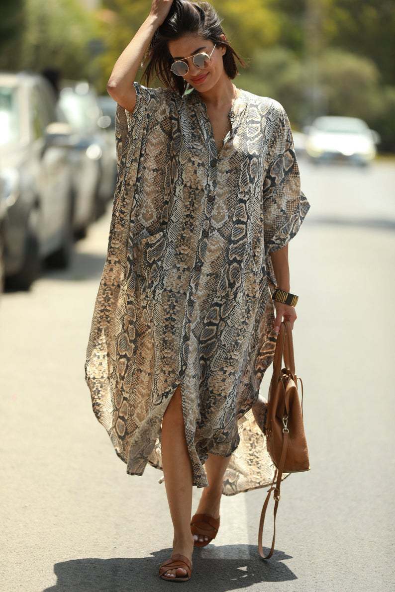 Beach Cover-up Elastic Printing Oversized Button Vacation Robe Bella Mia