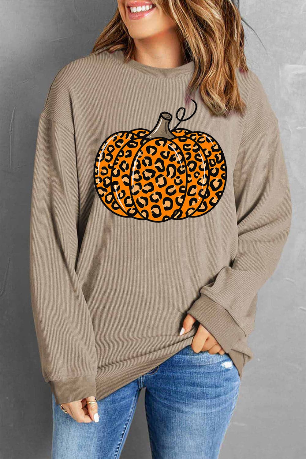 Pumpkin Round Neck Long Sleeve Sweatshirt.