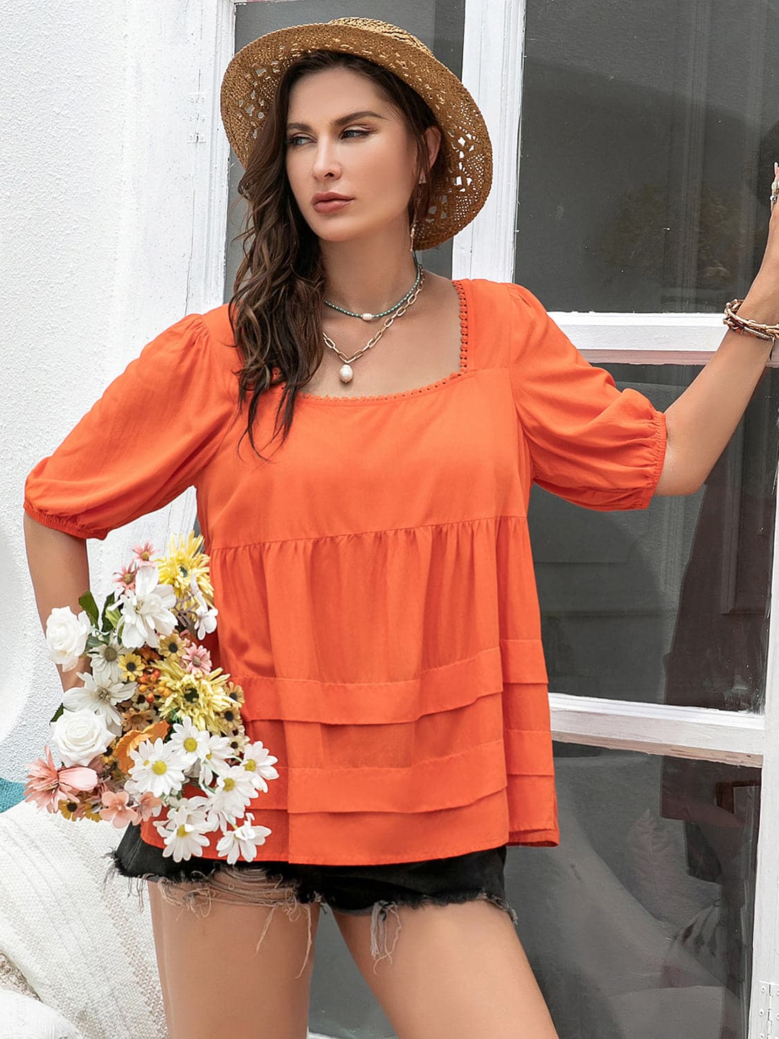 Plus Size Square Neck Half Sleeve Blouse.