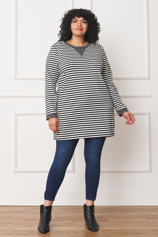 Chic Plus Size V-Stitch Striped Tunic