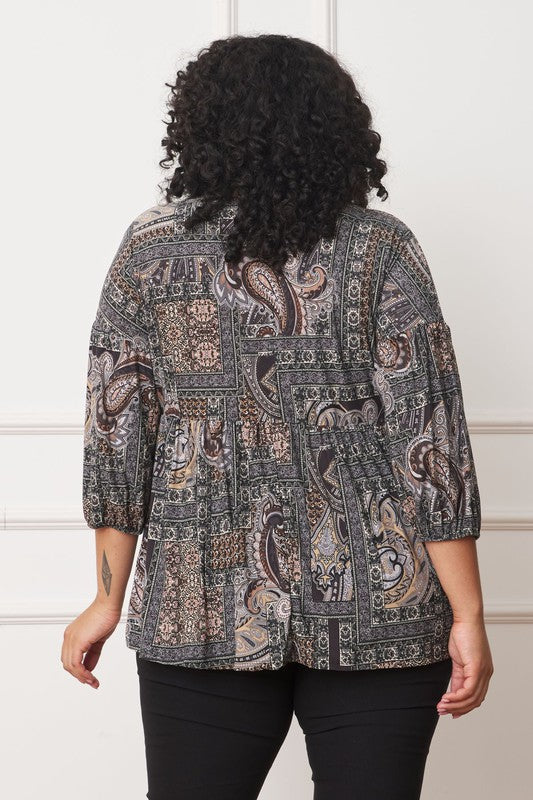 Plus Button Accent Paisley Top