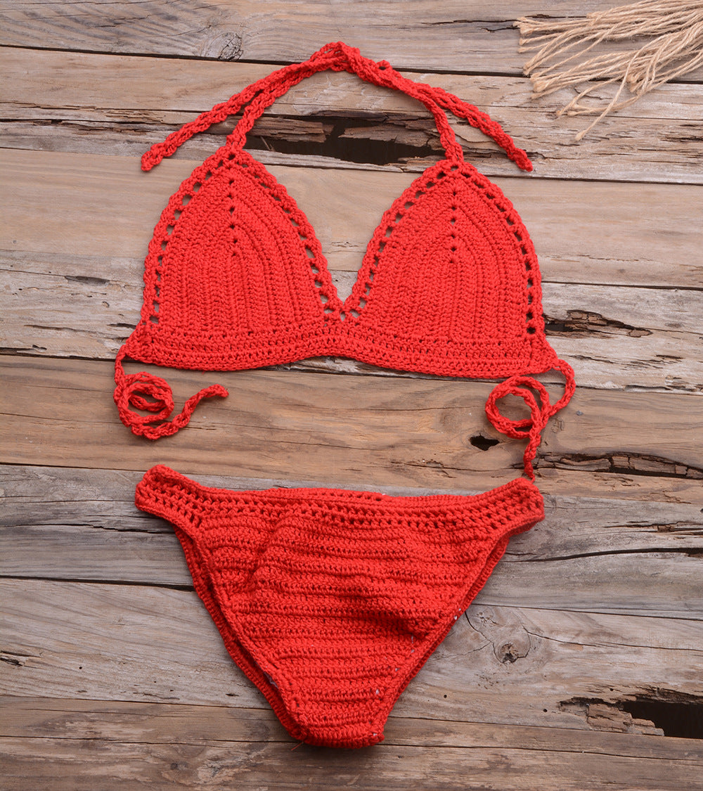 Beach Matching Split Bikini Hollow Out Cutout Hand Crocheting Woven Solid Color Swimsuit Set Bella Mia