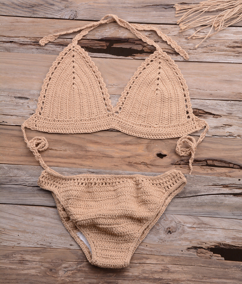 Beach Matching Split Bikini Hollow Out Cutout Hand Crocheting Woven Solid Color Swimsuit Set Bella Mia