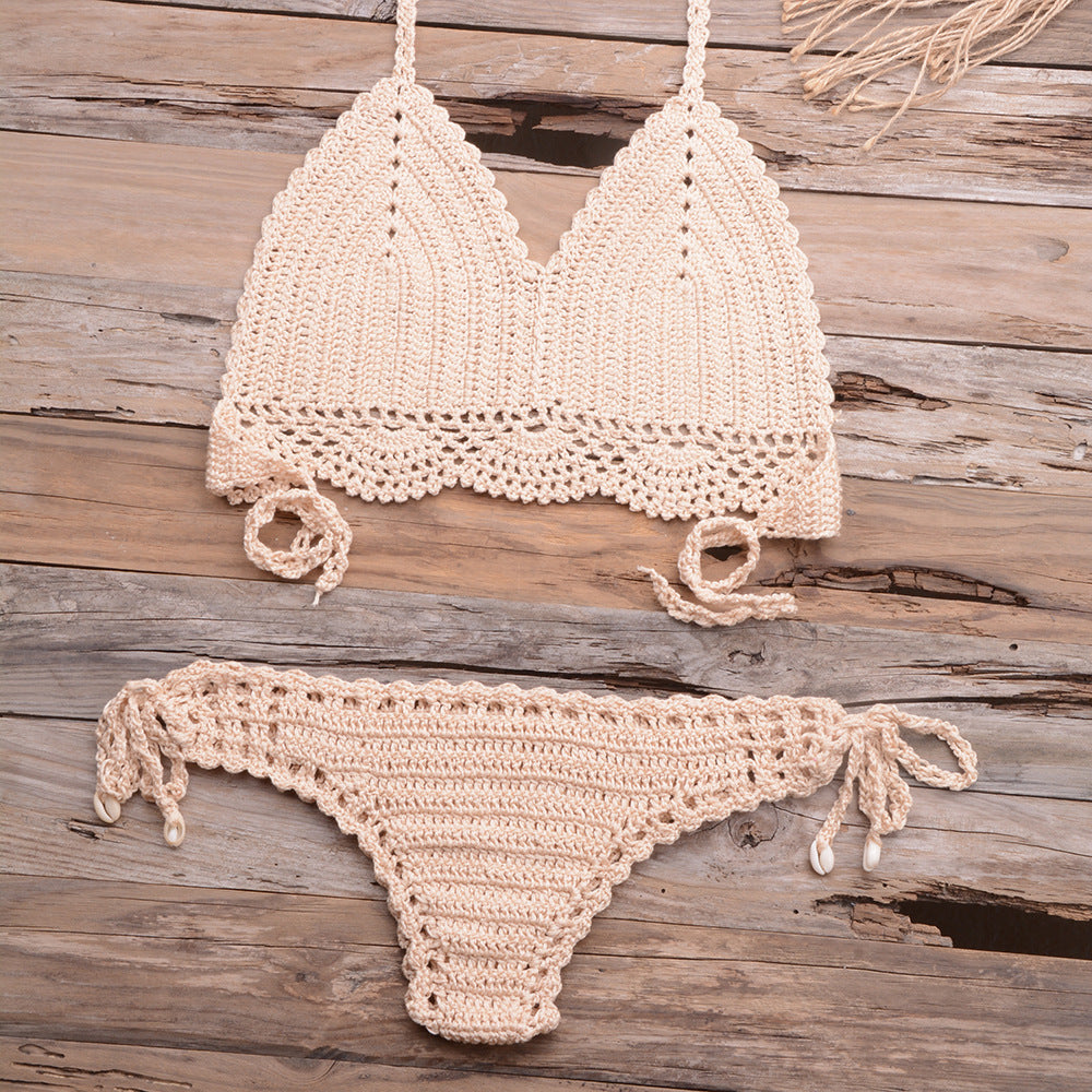 Beach Hollow-out Handmade Woven Split Strap Tank-Top Matching Shell Bikini Briefs Bella Mia