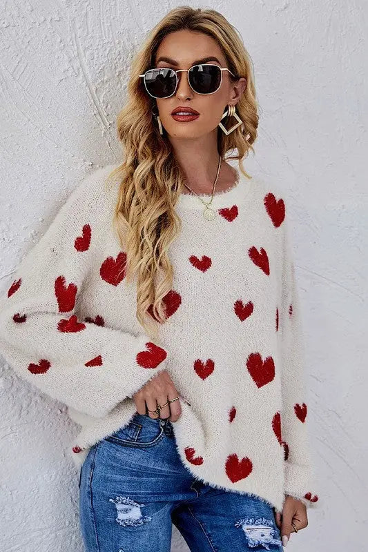 Fuzzy All Over Heart Sweater With Plush Cozy Relaxed Fit Drop Shoulders Miss Sparkling