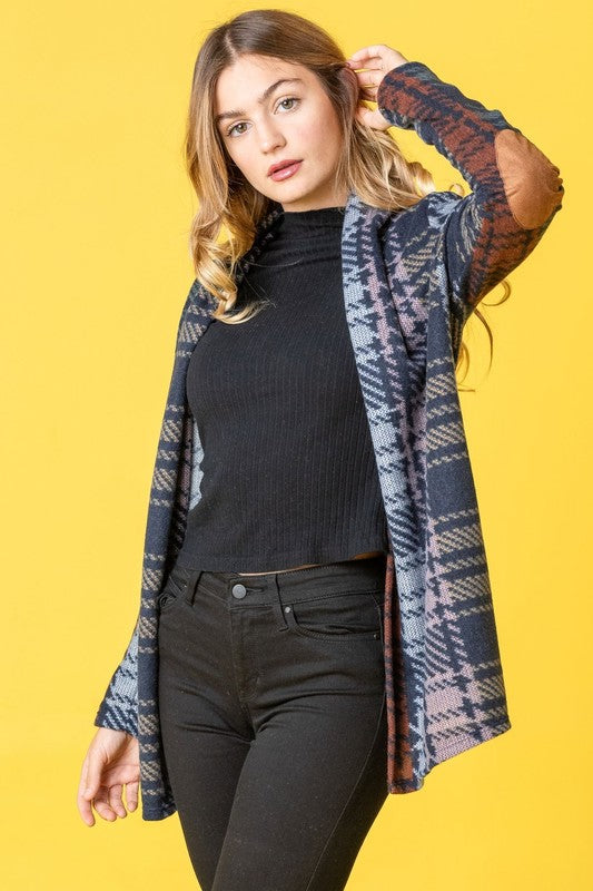 Chic plaid cardigan with stylish elbow patches