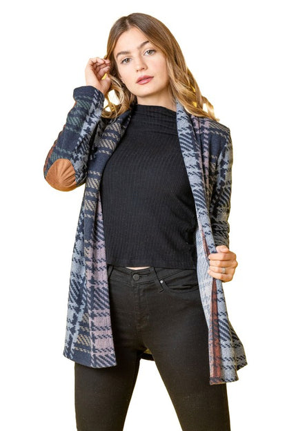 Chic plaid cardigan with stylish elbow patches