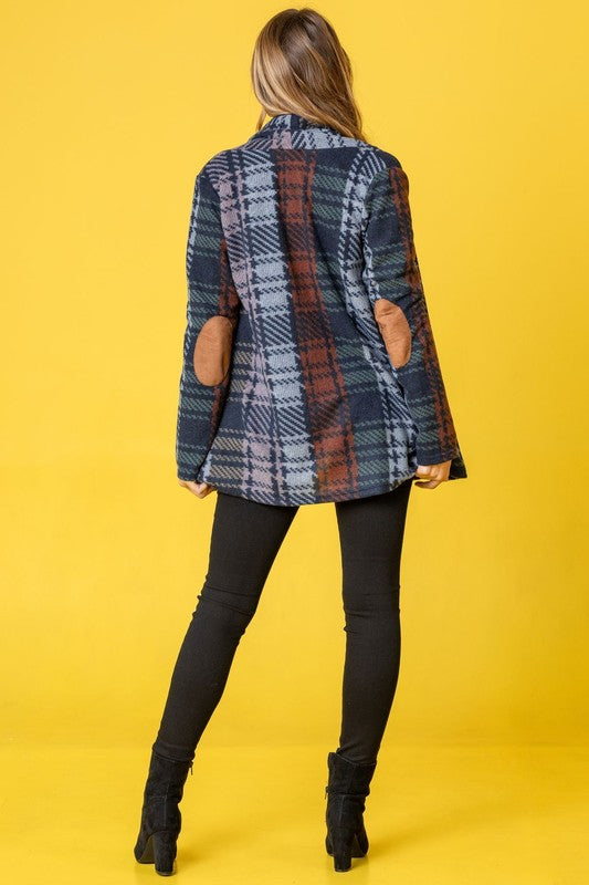 Chic plaid cardigan with stylish elbow patches