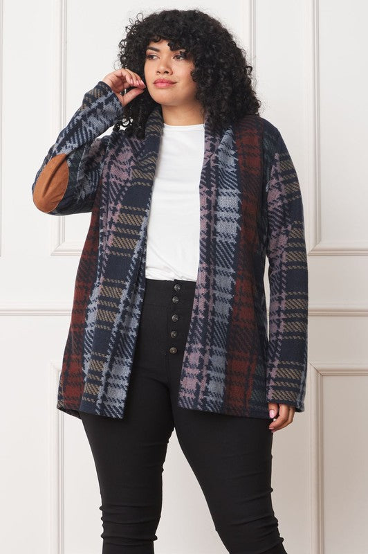 Chic plaid cardigan with elbow patches