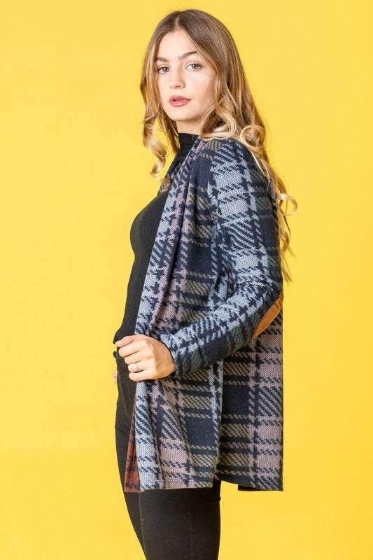 Chic plaid cardigan with elbow patches