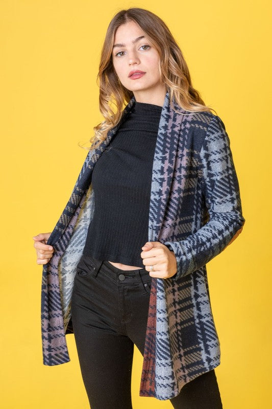 Chic plaid cardigan with elbow patches