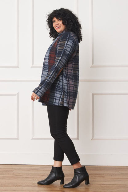 Chic multi-color plaid cardigan with stylish elbow patches