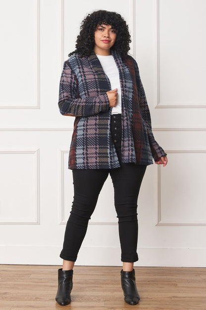 Chic multi-color plaid cardigan with stylish elbow patches