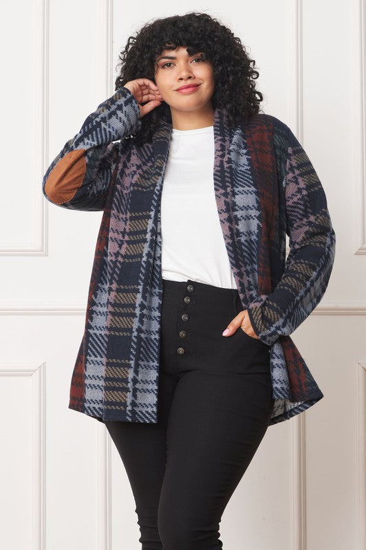 Chic multi-color plaid cardigan with stylish elbow patches