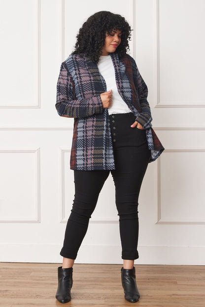 Chic multi-color plaid cardigan with stylish elbow patches