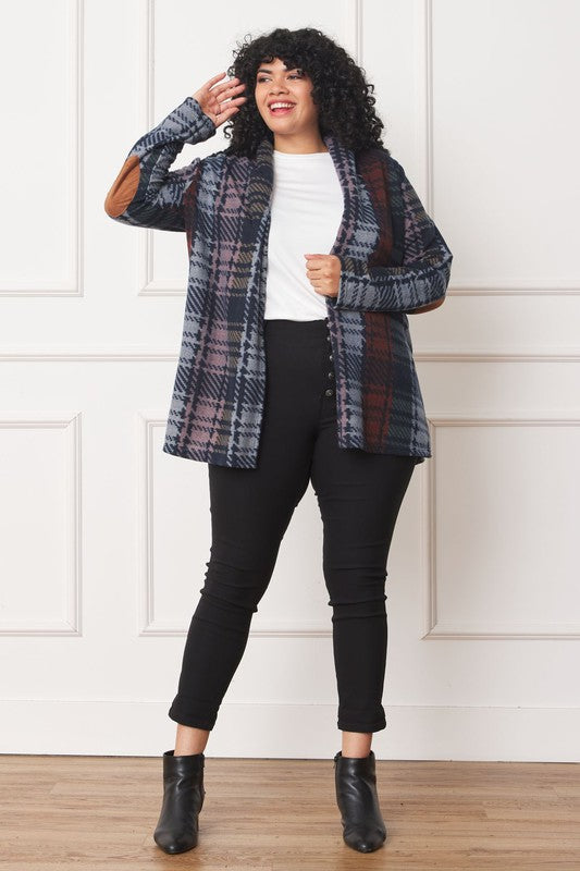 Chic multi-color plaid cardigan with stylish elbow patches