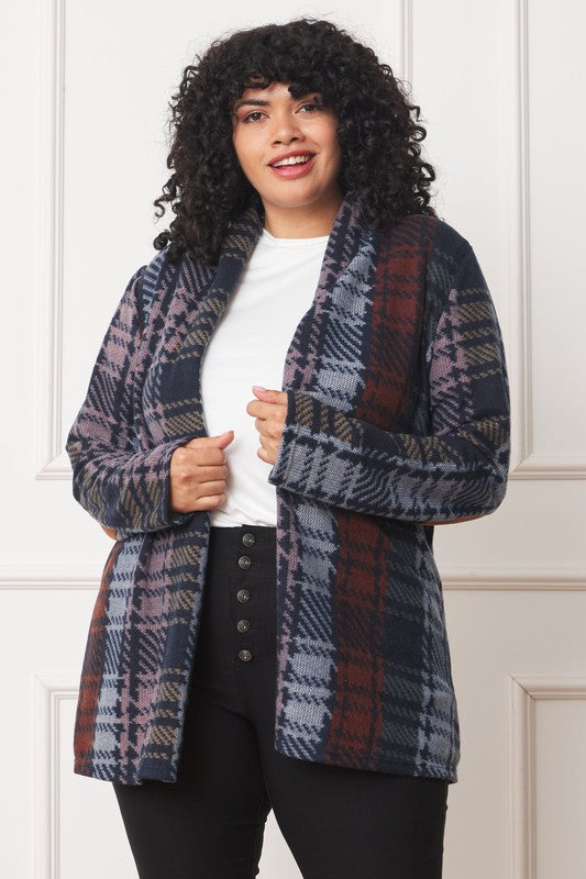 Chic multi-color plaid cardigan with stylish elbow patches