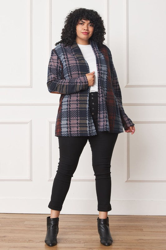 Chic multi-color plaid cardigan with stylish elbow patches