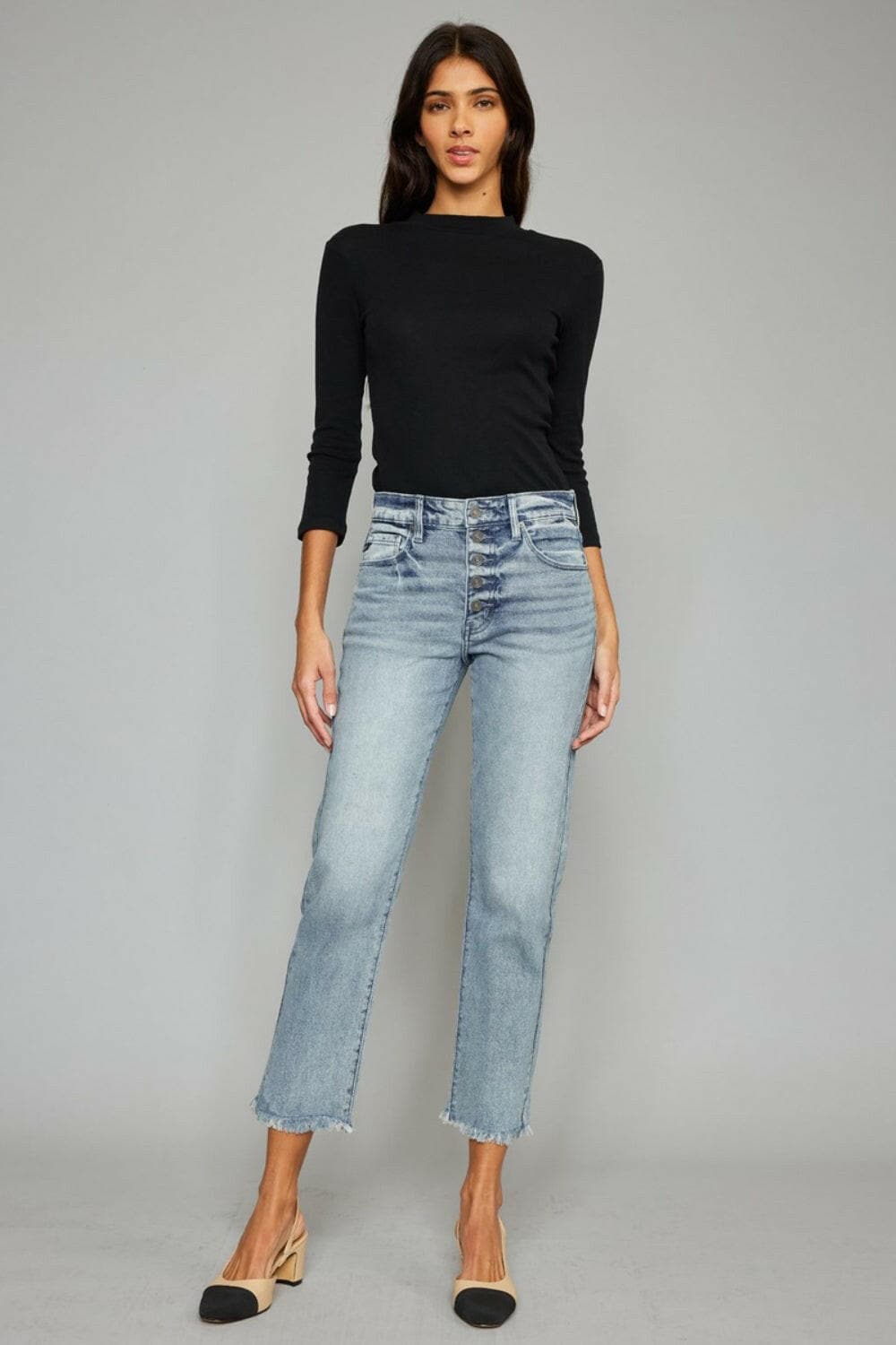 Kancan High Waist Button Fly Raw Hem Cropped Straight Jeans.