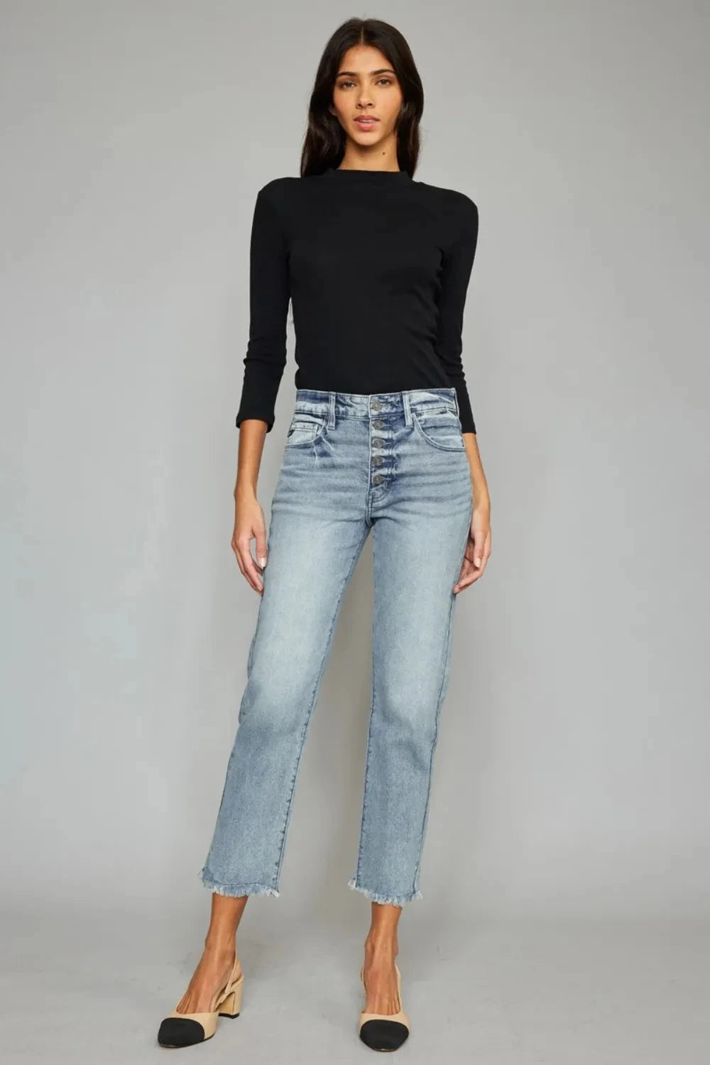 Kancan High Waist Button Fly Raw Hem Cropped Straight Jeans Coco’s Tee Boutique