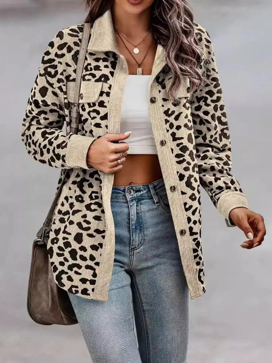 Full Size Leopard Print Button-Down Jacket Plus Size Simply Love