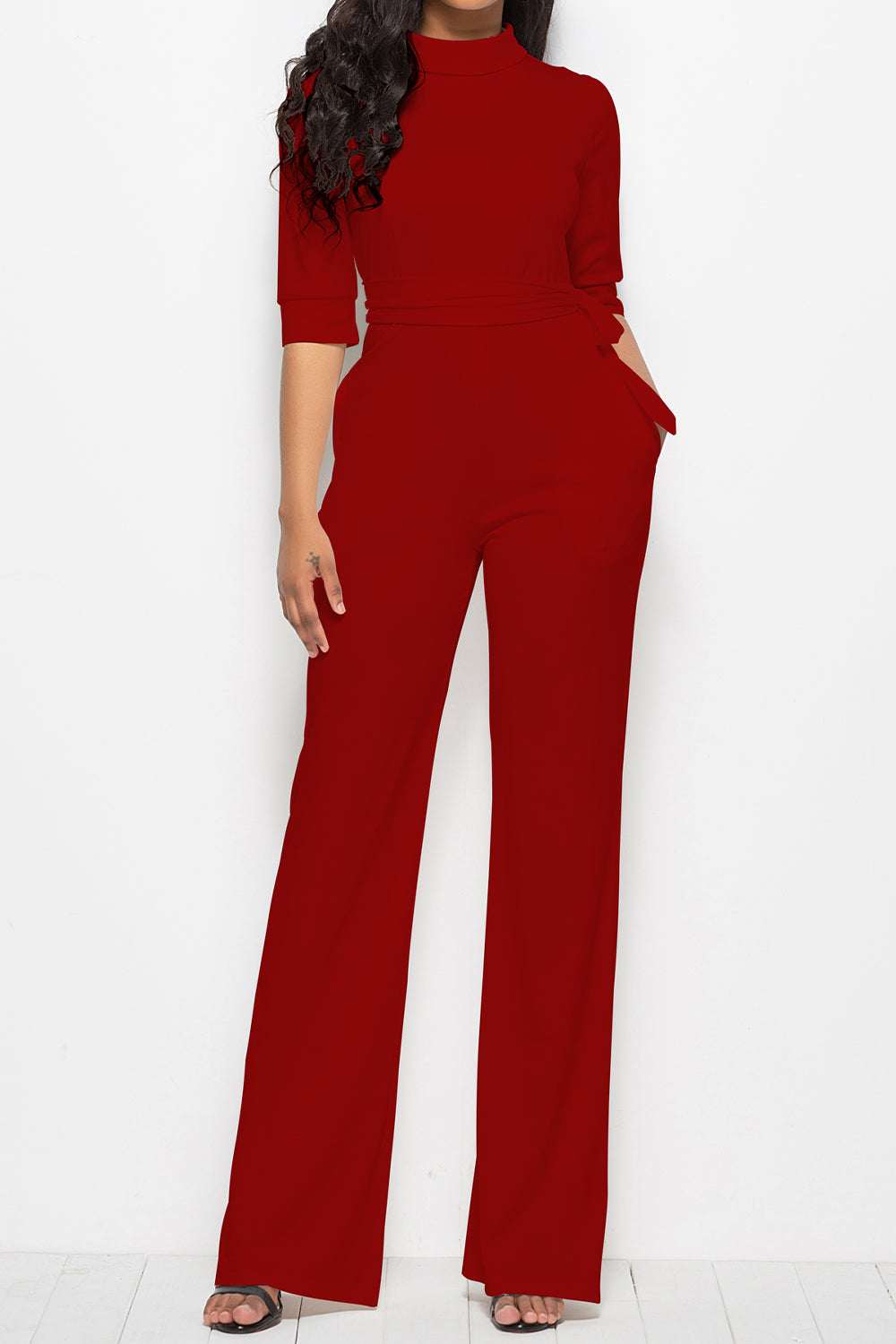 Mock Neck Tie-Waist Half Sleeve Jumpsuit Coco’s Tee Boutique