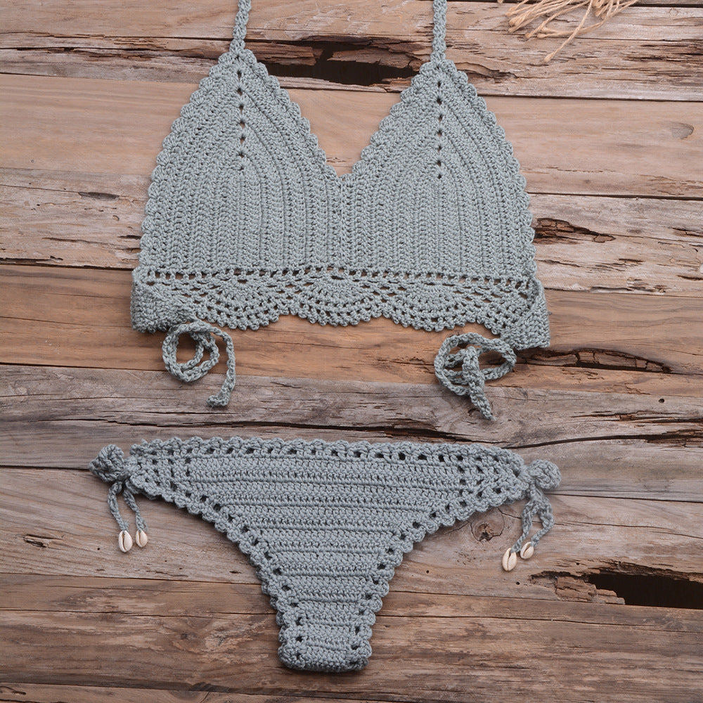 Beach Hollow-out Handmade Woven Split Strap Tank-Top Matching Shell Bikini Briefs Bella Mia