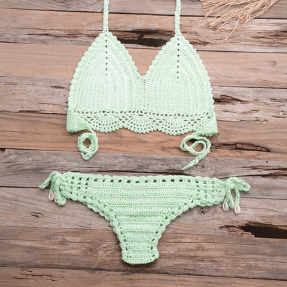 Beach Hollow-out Handmade Woven Split Strap Tank-Top Matching Shell Bikini Briefs