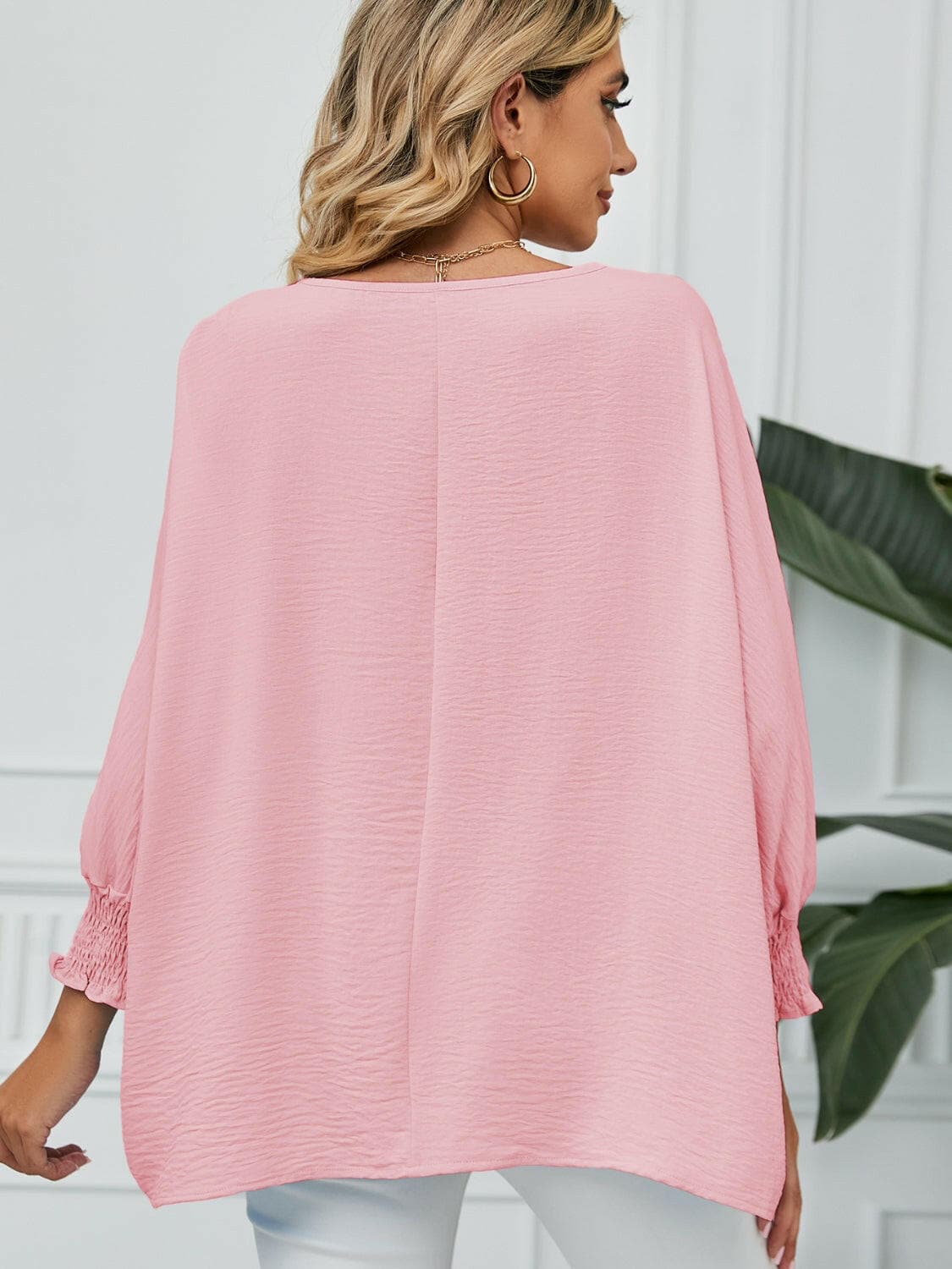 Smocked Lantern Sleeve Round Neck Blouse.