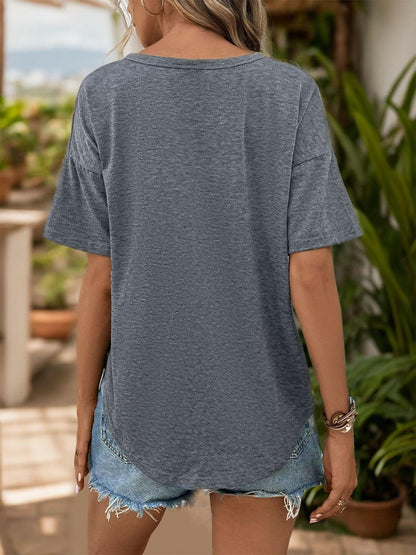 Notched Dropped Shoulder Half Sleeve T-Shirt.