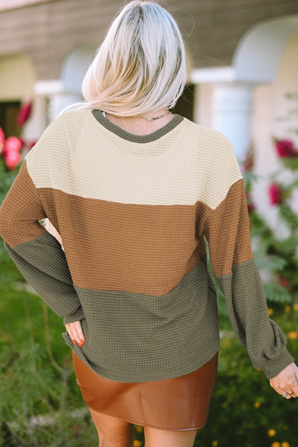 Waffle-Knit Color Block Round Neck Long Sleeve Blouse.