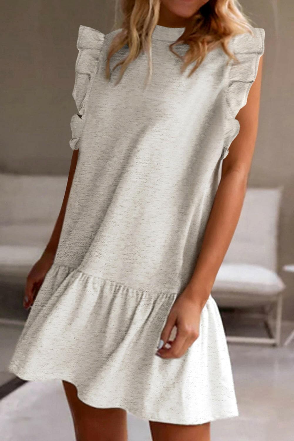 Ruffled Round Neck Cap Sleeve Mini Dress.