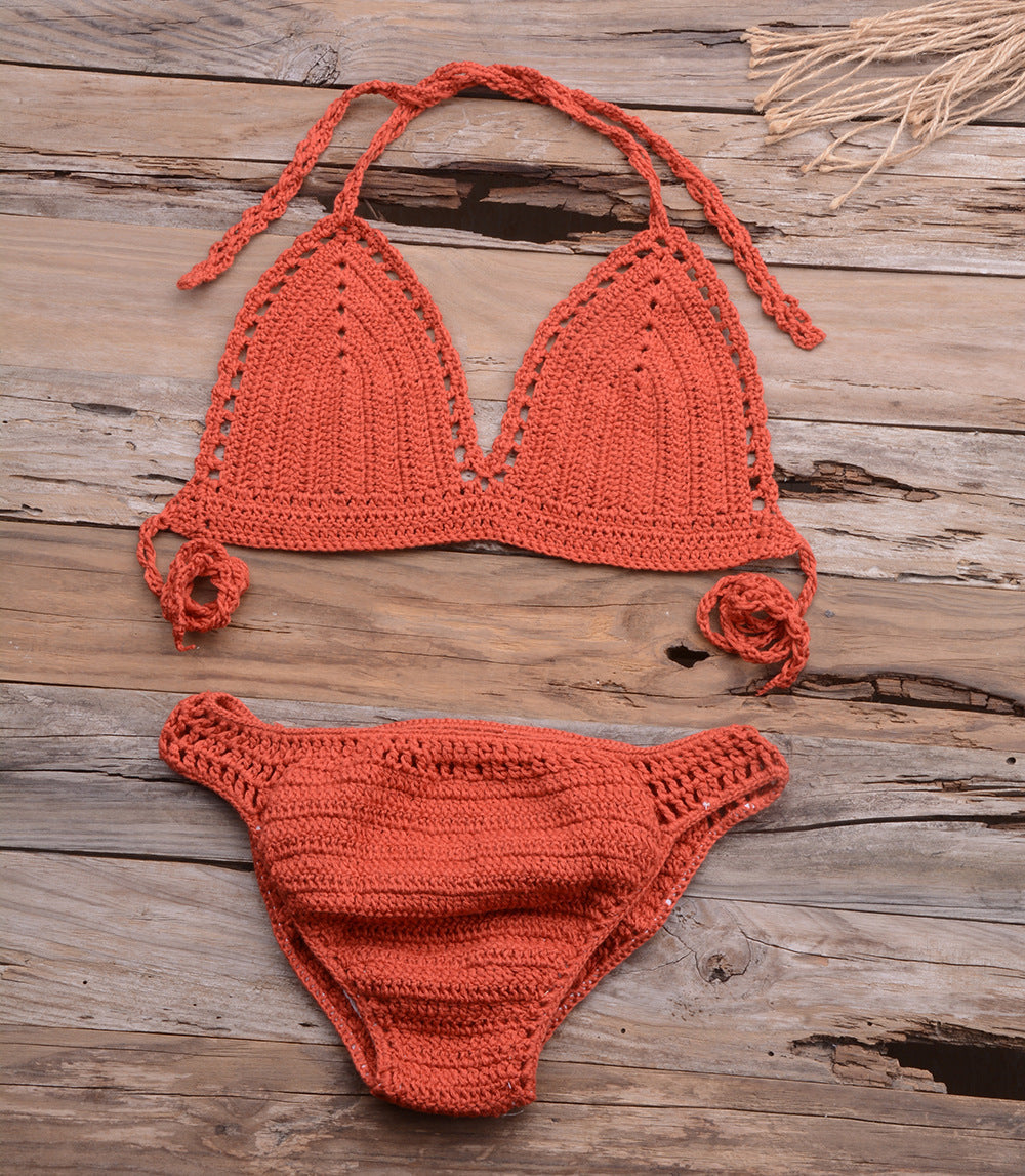 Beach Matching Split Bikini Hollow Out Cutout Hand Crocheting Woven Solid Color Swimsuit Set Bella Mia