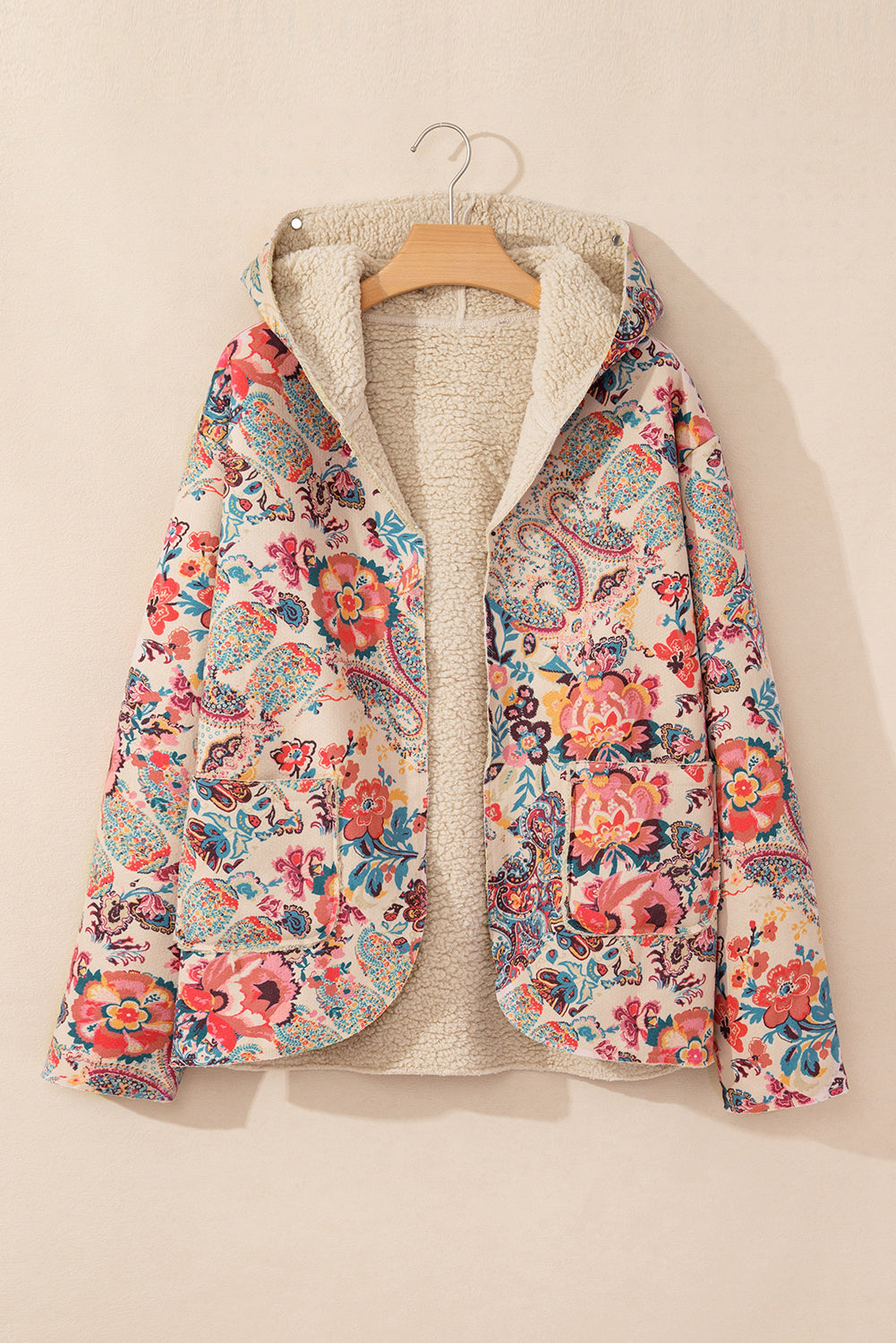 Beige floral paisley hooded Sherpa jacket for a vintage vibe