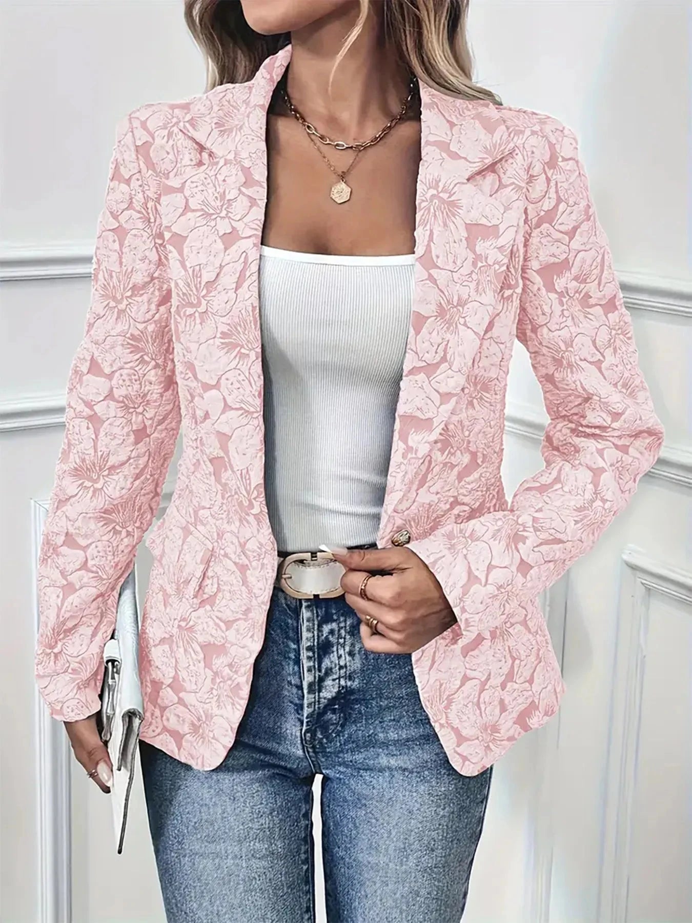 Floral Print Single Button Blazer with Pockets Coco’s Tee Boutique
