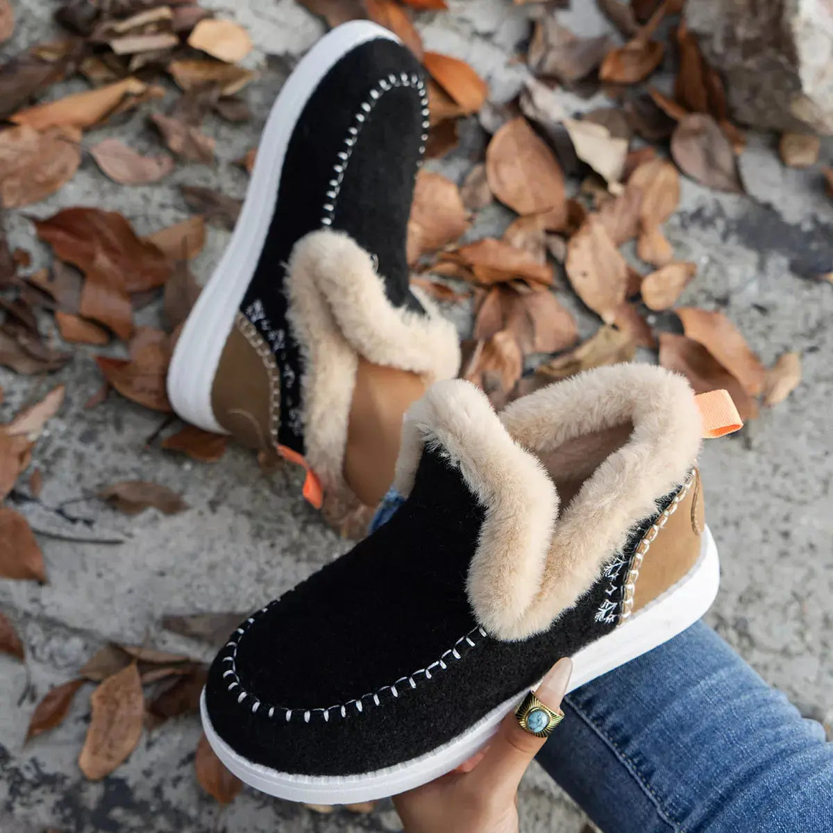 Cozy Fur Trimmed Slip Ons Suede And Rubber Flats Warm Winter Shoes Simply Love