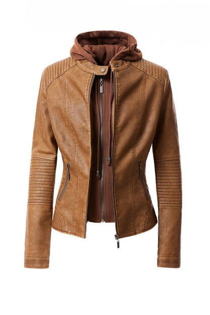 Faux leather hoodie jacket for women