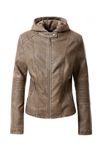 Stylish women's faux leather hoodie jacket