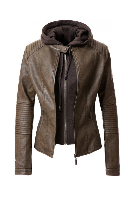 Faux leather hoodie jacket for women