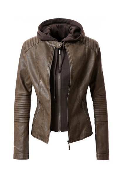 Stylish women's faux leather hoodie jacket