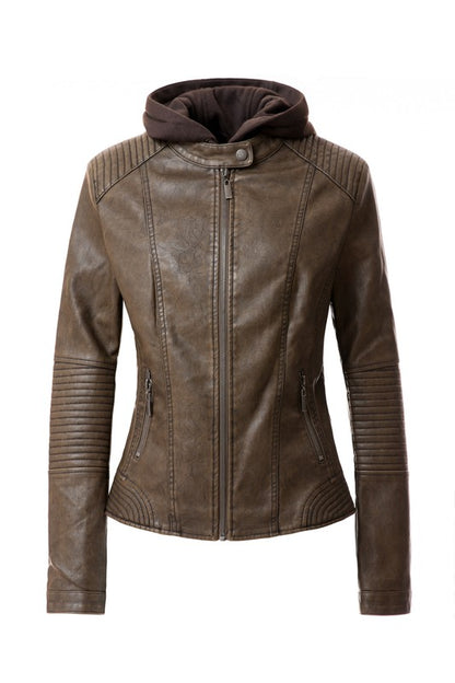 Stylish women's faux leather hoodie jacket