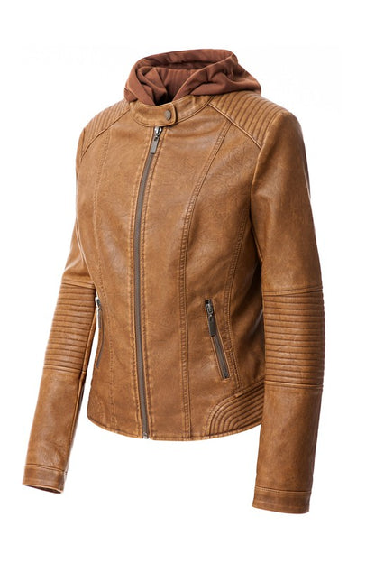 Stylish women's faux leather hoodie jacket