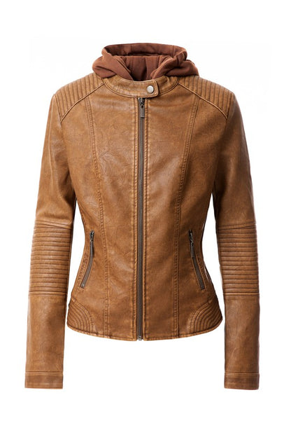 Stylish women's faux leather hoodie jacket