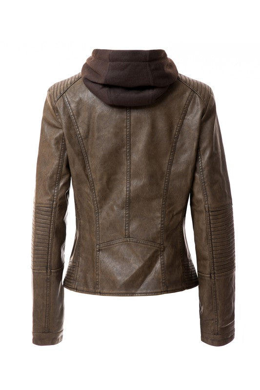 Faux leather hoodie jacket for women